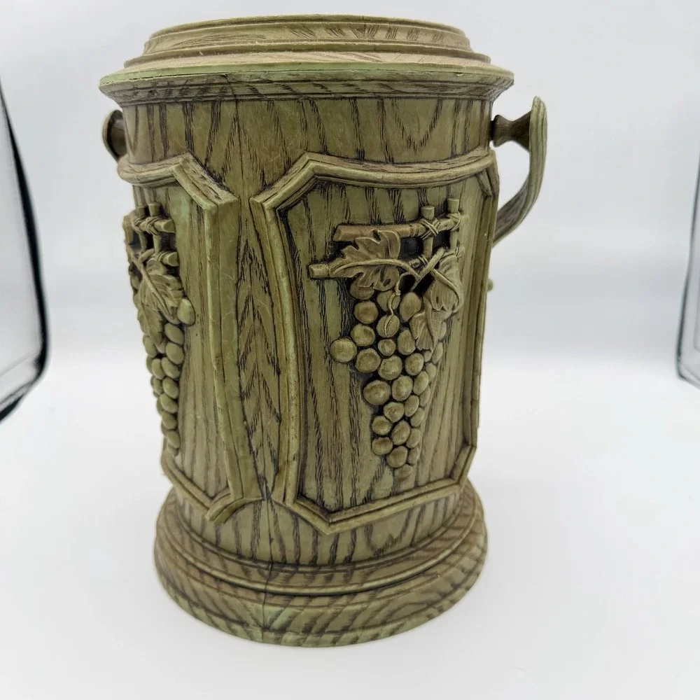 1960s Faux Woodgrain Ice Bucket Grape Cluster Motif Owen Corning Avocado Green
